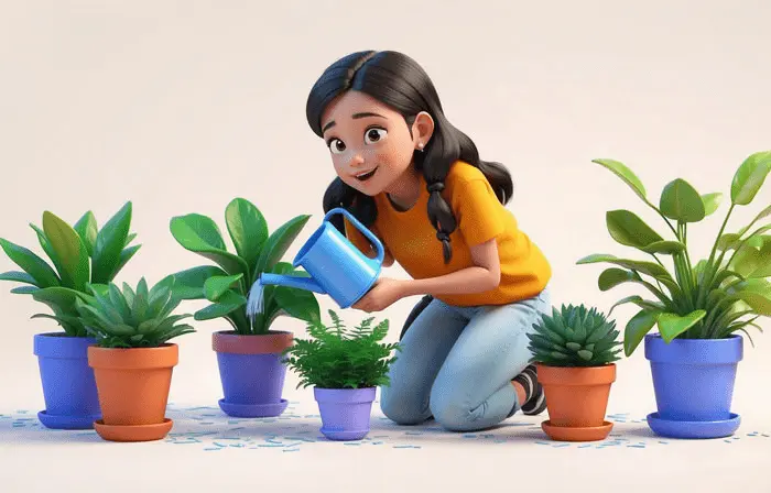 Girl Watering Tree Plant at Home Garden 3D Artwork Illustration image